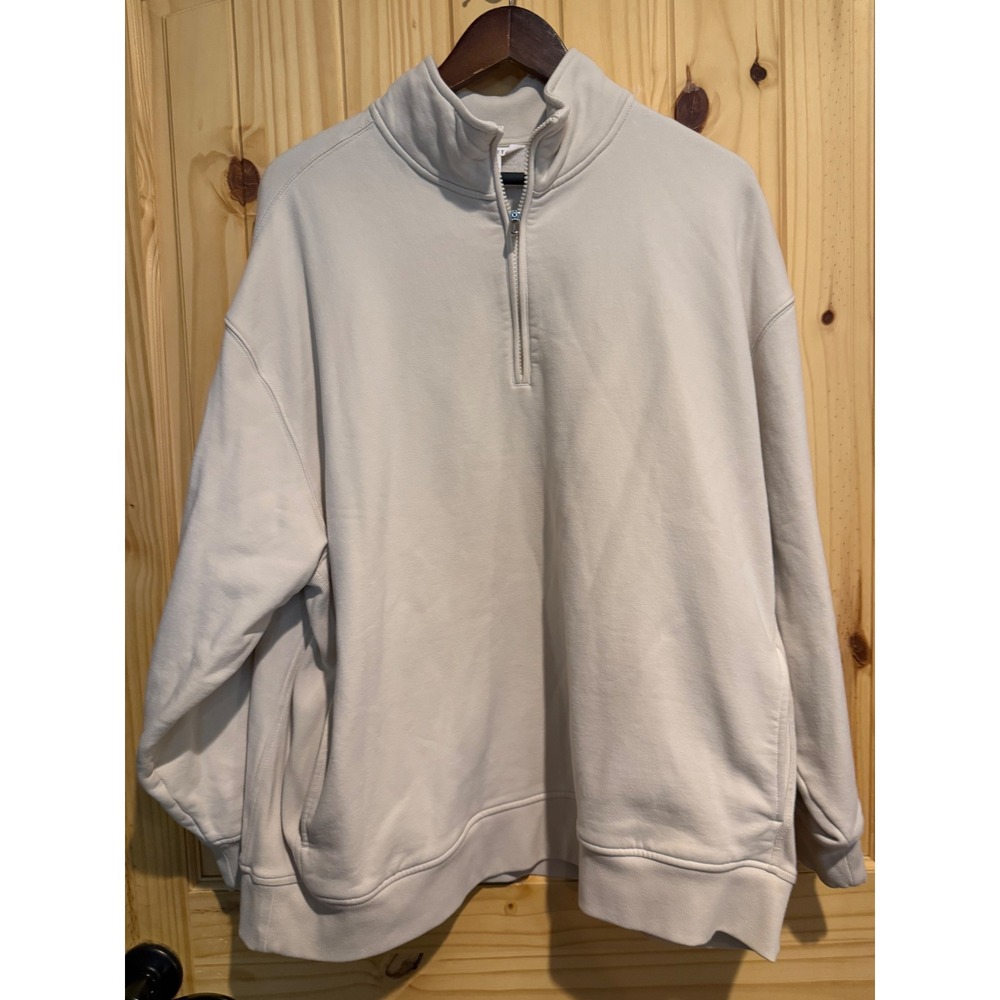 Athleta Womens XL Cream Fleece Quarter Zip Pullover Sweatshirt Oversized Pockets